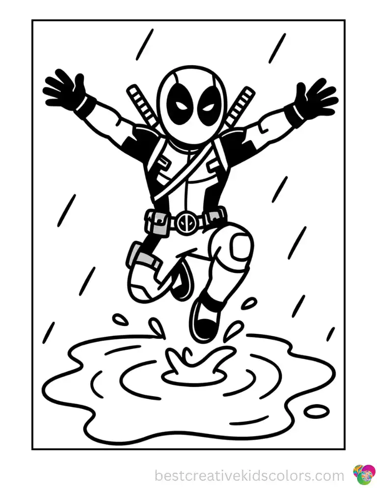 Deadpool leaps joyfully over a giant rain puddle, arms wide open.