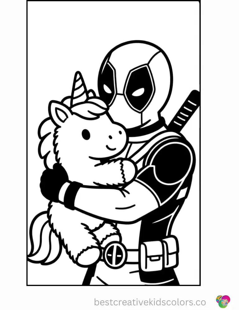Deadpool hugs a fluffy stuffed unicorn tightly.