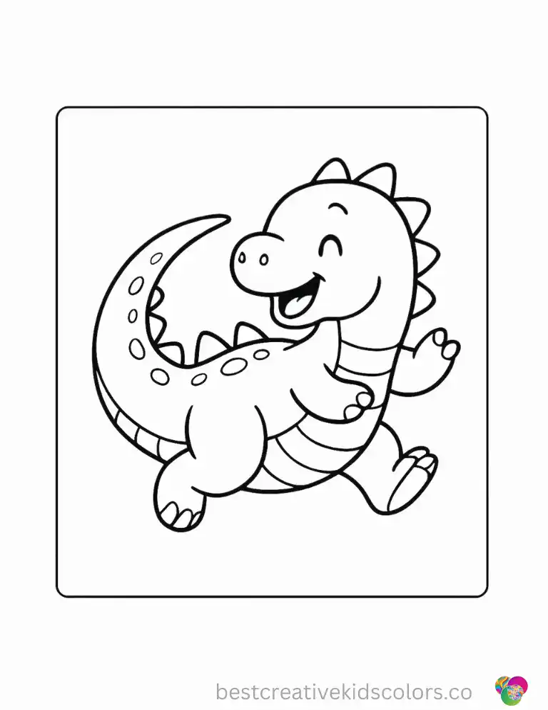 A happy dinosaur chases its own long, scaly tail in a playful circle.