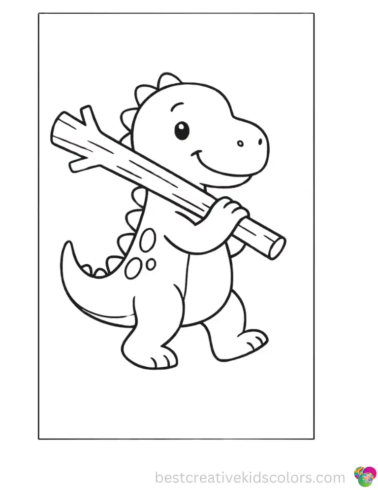 A small dinosaur proudly carries a thick wooden stick over its shoulder.
