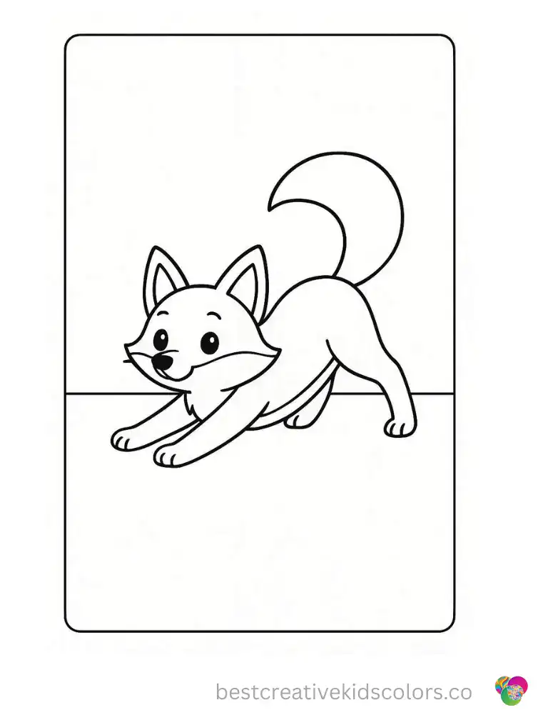 A cute fox stretching its back legs wide across an empty floor space.