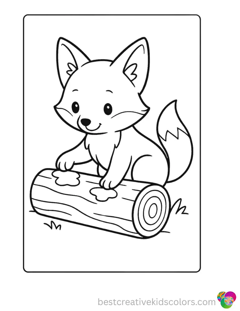 Cute Fox Tapping a Log Coloring Page Color Online shows a curious fox tapping a mossy log with its paw.