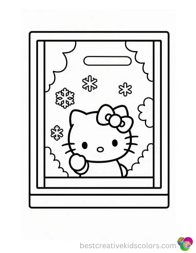 Free Hello Kitty Christmas Coloring Pages – 30+ Printable Sheets 2 Cute Hello Kitty Christmas Coloring Page of Her Peeking Through a Frosted Window