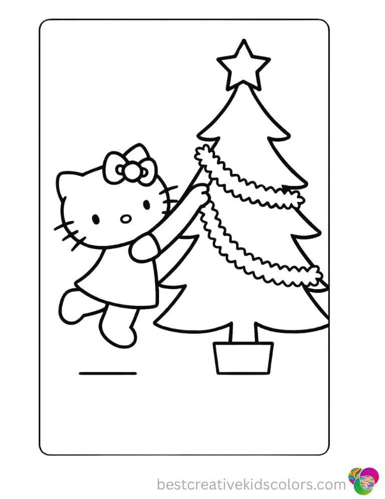 Hello Kitty stretches up on her tiptoes to drape a long glittering tinsel garland across the Christmas tree branches. Save and print this charming holiday scene as a free high-quality PDF today.