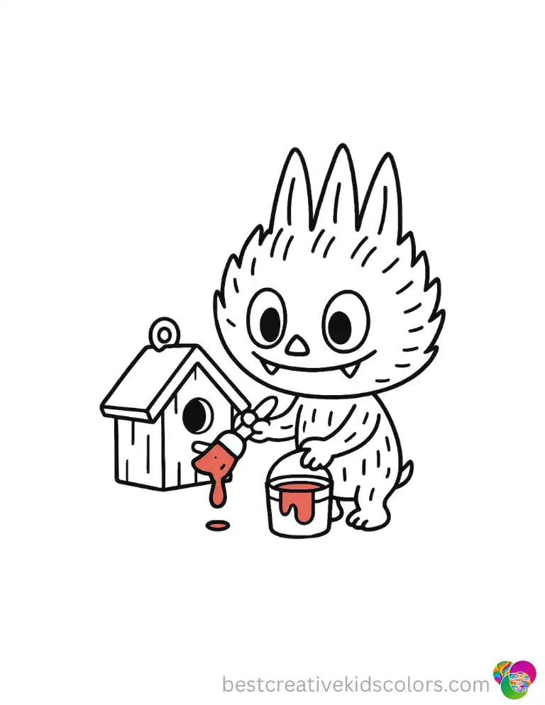 Cute Labubu Painting Birdhouse Coloring Outline