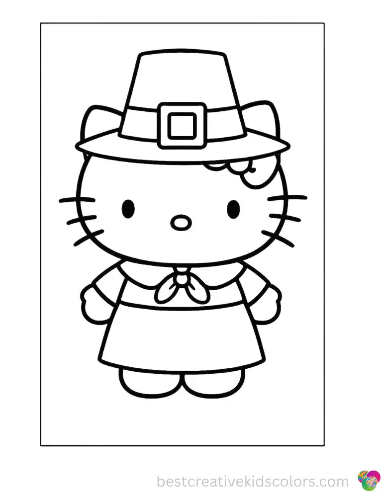 A classic Pilgrim hat sits perfectly on Hello Kitty head. Download free and color her festive outfit online.