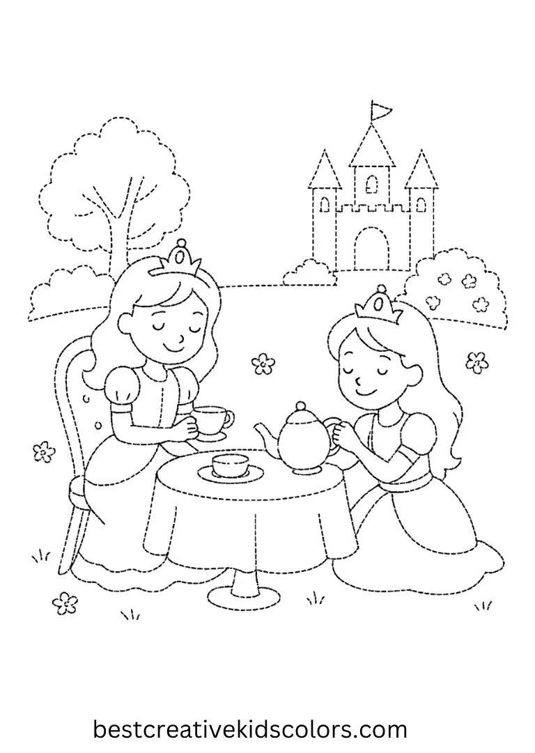 Color princesses enjoying tea parties, magical picnics, and castle gardens.