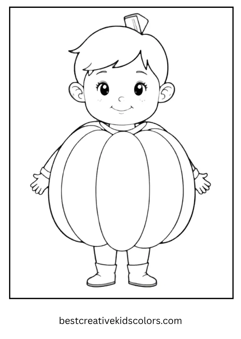 A smiling child wears a round pumpkin outfit.