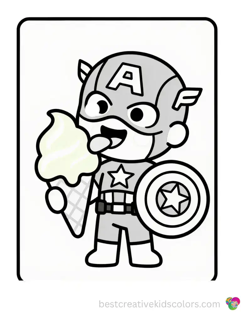 A cute Captain America in his blue star suit joyfully licks a giant vanilla ice cream cone.