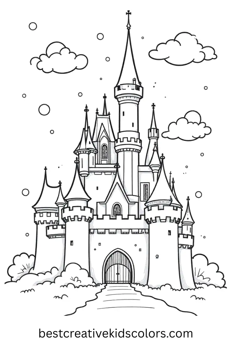 Cute january coloring pages disney depicts a castle tower lightly dusted with snow clouds.