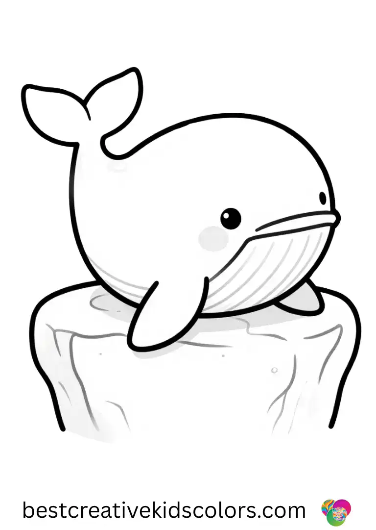 A whale rests its chin gently on a rock ledge in Cute june whale coloring page easy.