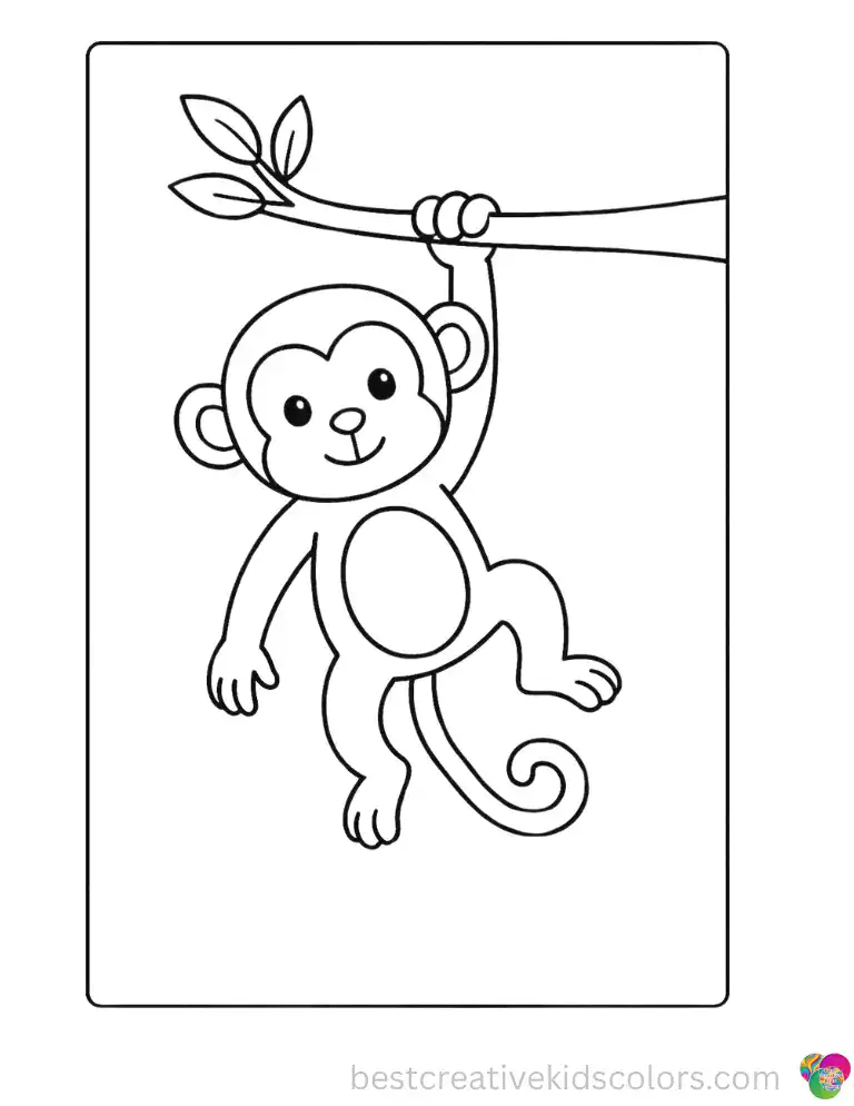 Cute monkey hanging from a tree branch coloring pages easy shows a monkey swinging gently by one hand