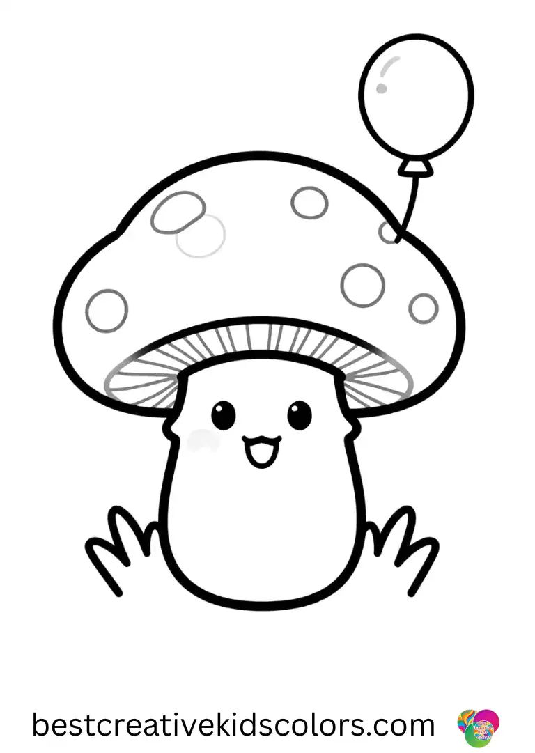 Cute mushroom coloring page easy shows a mushroom with a tiny balloon floating beside it