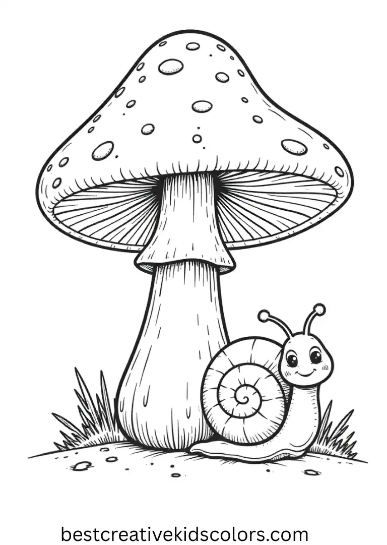 Cute mushroom coloring page for kids shows a mushroom next to a smiling snail.