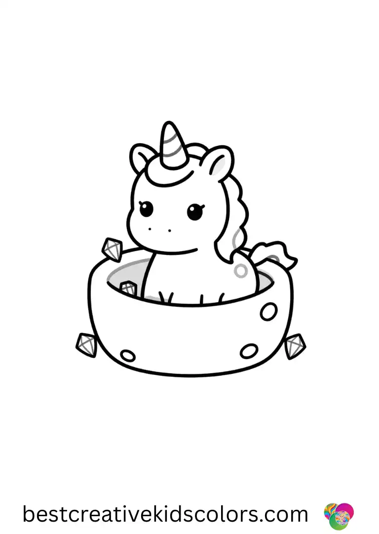 Cute unicorn pictures To colour feature a unicorn exploring a cozy tree hollow full of tiny gems.