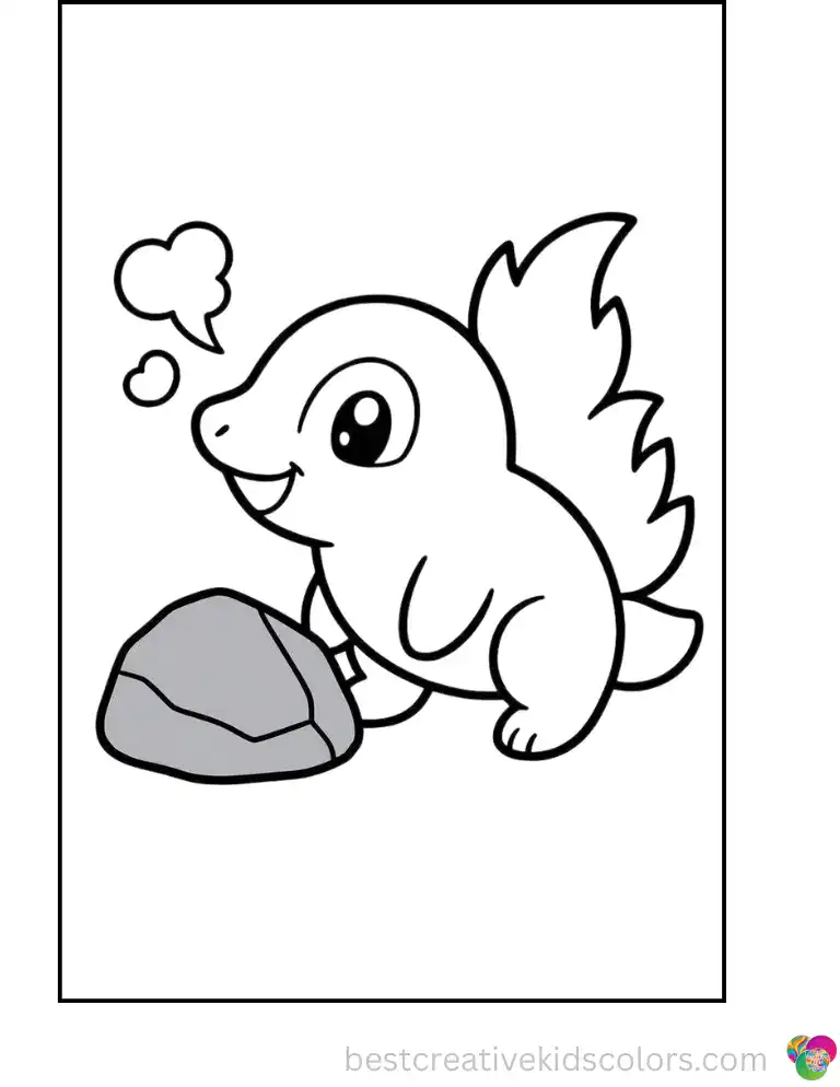Cyndaquil sneezes a tiny puff of heart-shaped smoke onto a gray rock.