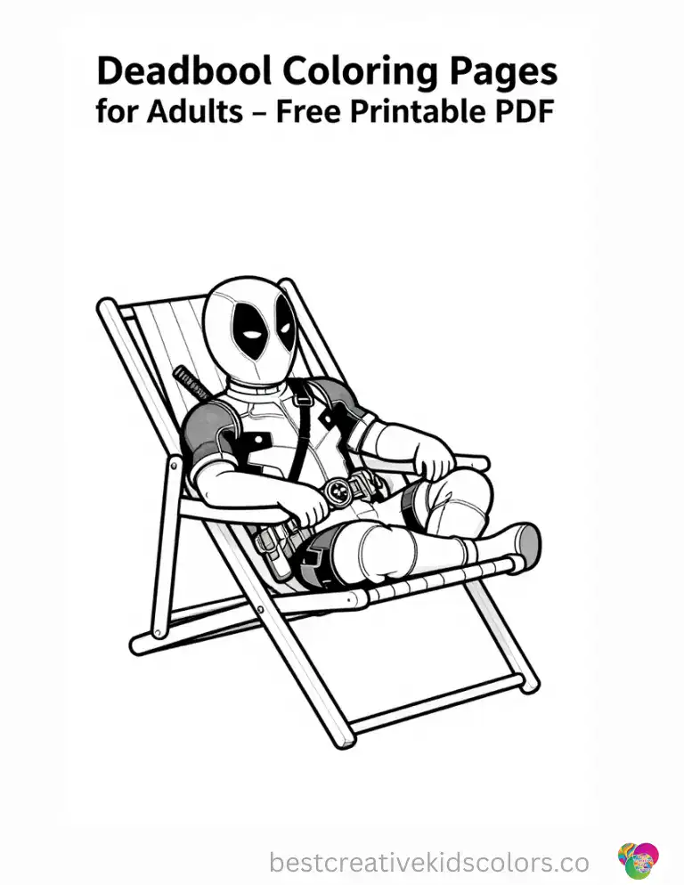 Deadpool relaxes quietly on a striped folding beach chair.