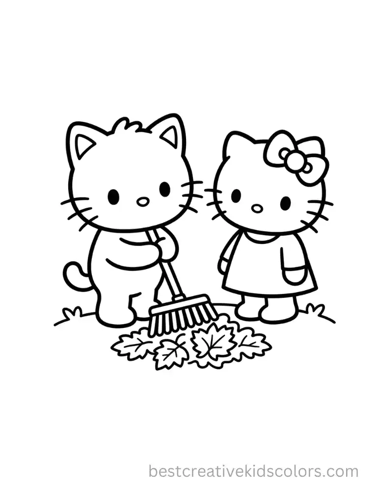 Dear Daniel rakes fallen leaves into a pile while Hello Kitty stands beside him.