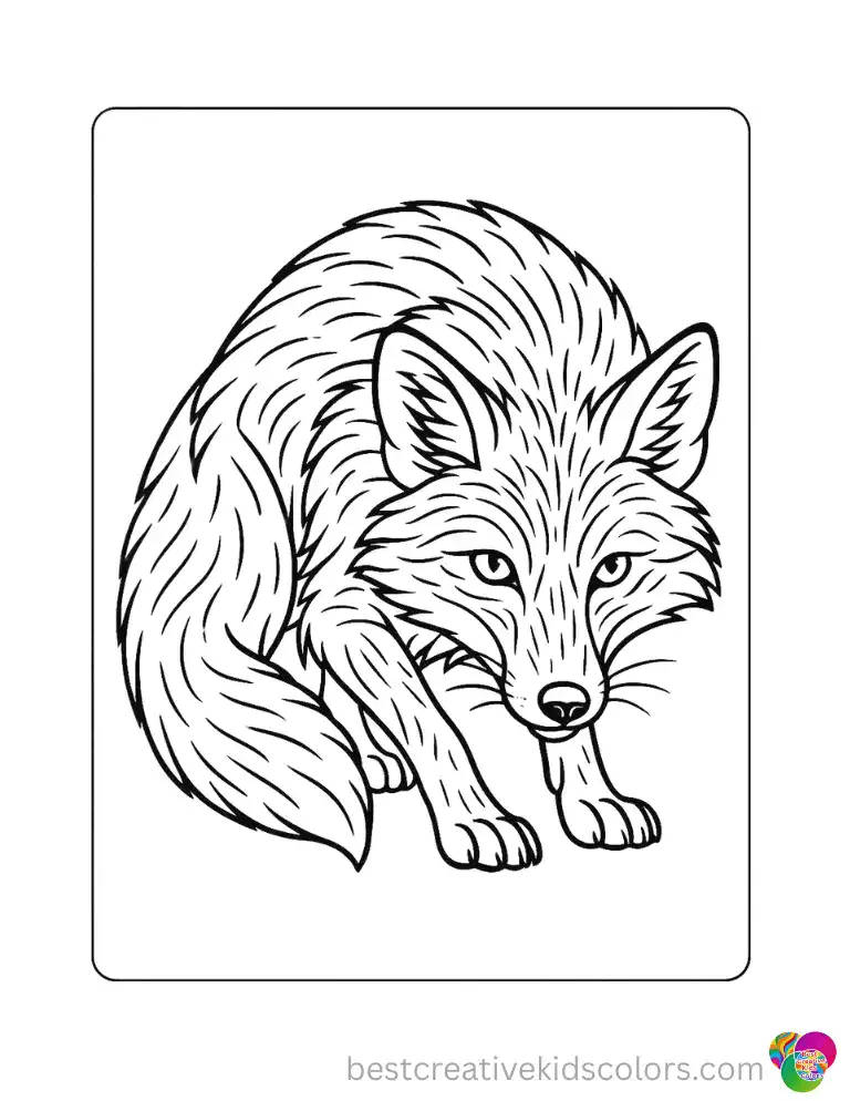 Detailed Adult Fox Coloring Page of Fox Crouching Low features a realistic fox crouching low with detailed fur lines throughout its coat.