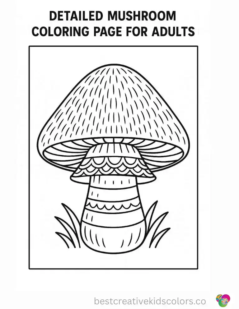 Detailed Mushroom Coloring Page for Adults depicts a mushroom covered with fine cap textures and layered patterns.