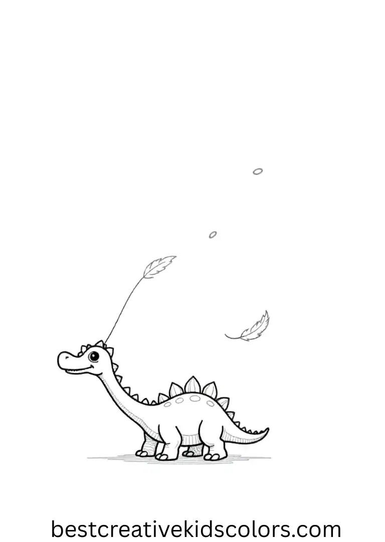 Dinosaur Colouring Book shows a dinosaur stretching its neck to peek at a drifting feather.