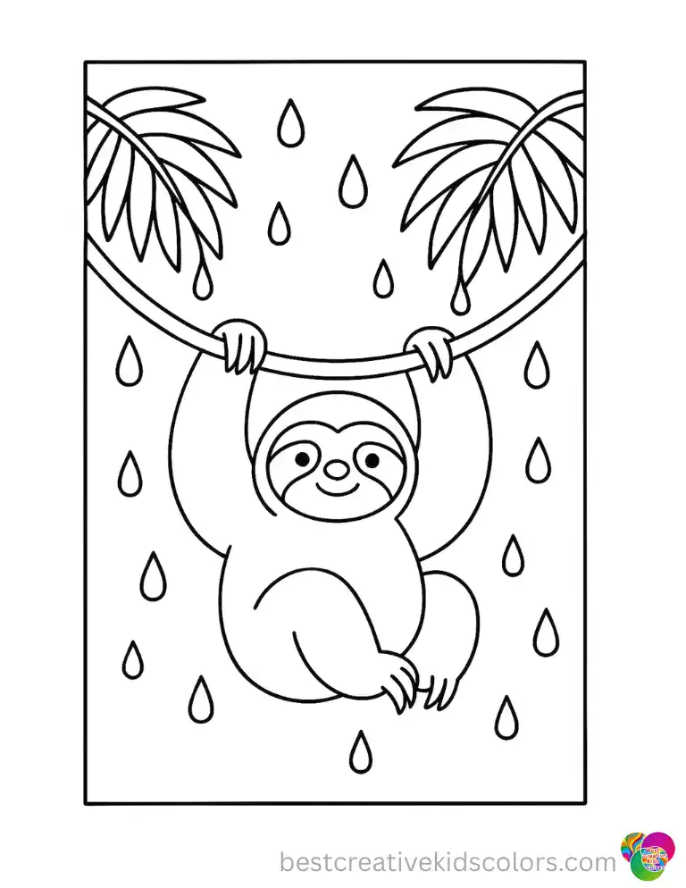 The sloth in this scene grips a vine while raindrops drip from broad palm fronds. Download the page free and keep it for a rainy afternoon.
