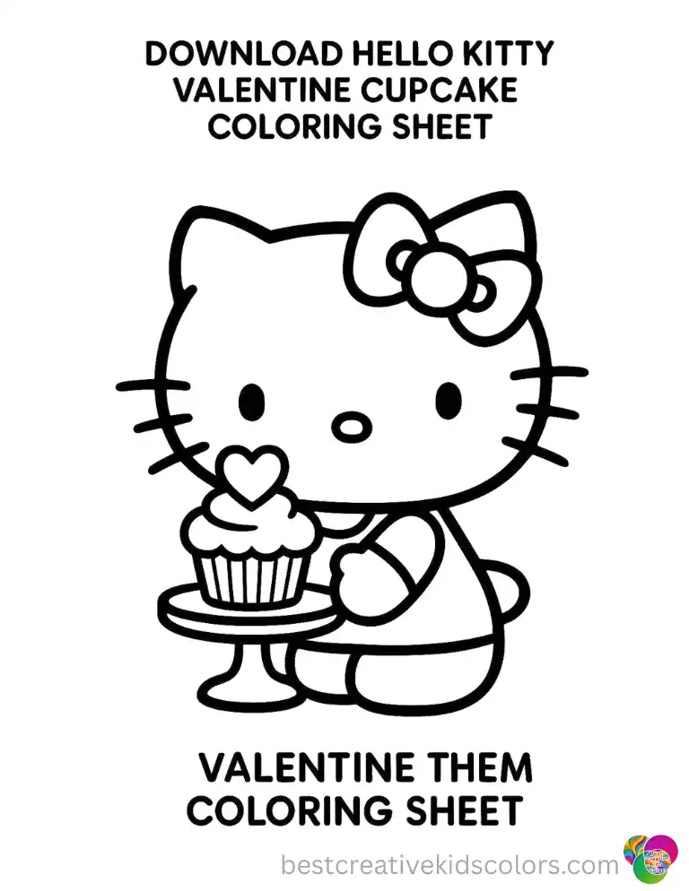 Hello Kitty places a heart topped cupcake on a small white cake stand.