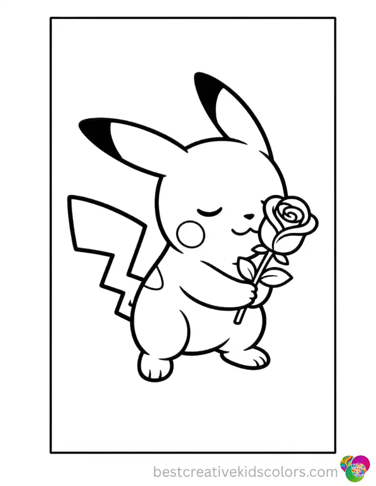 Pikachu leans in to sniff a red rose, cheeks blushing with a happy pink glow.
