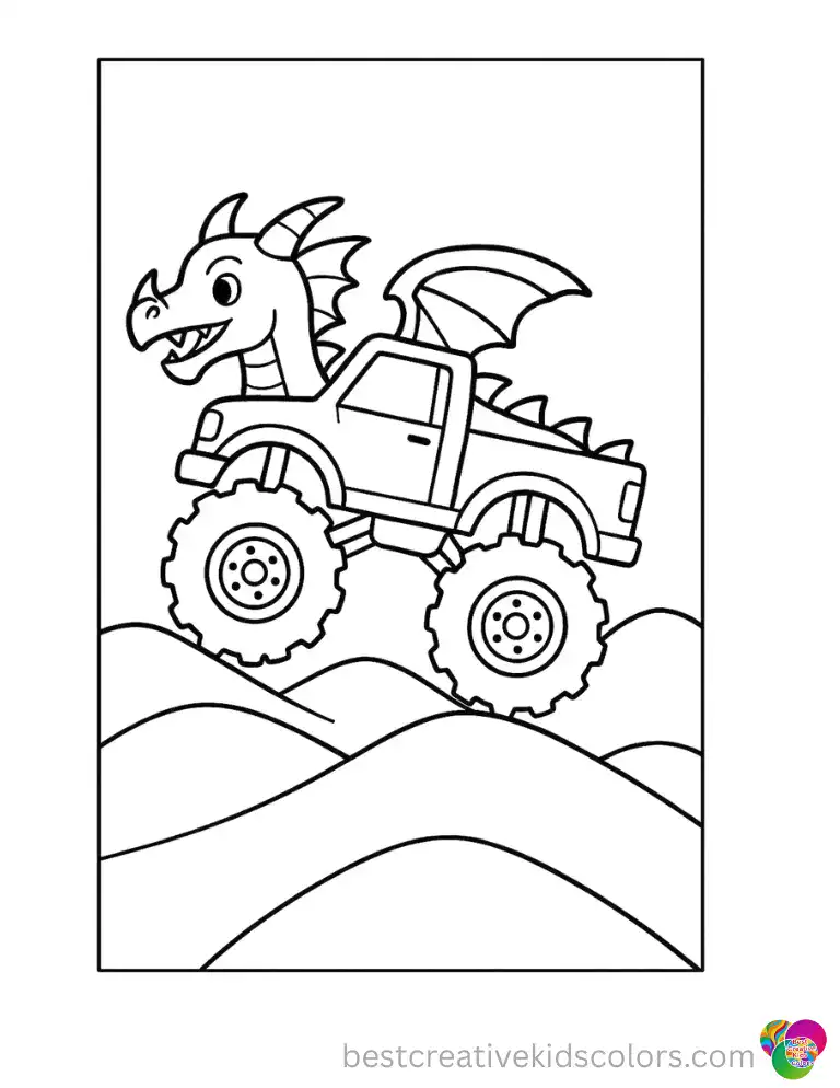A dragon truck ascends gentle hills. Simple outlines keep coloring easy for kids.