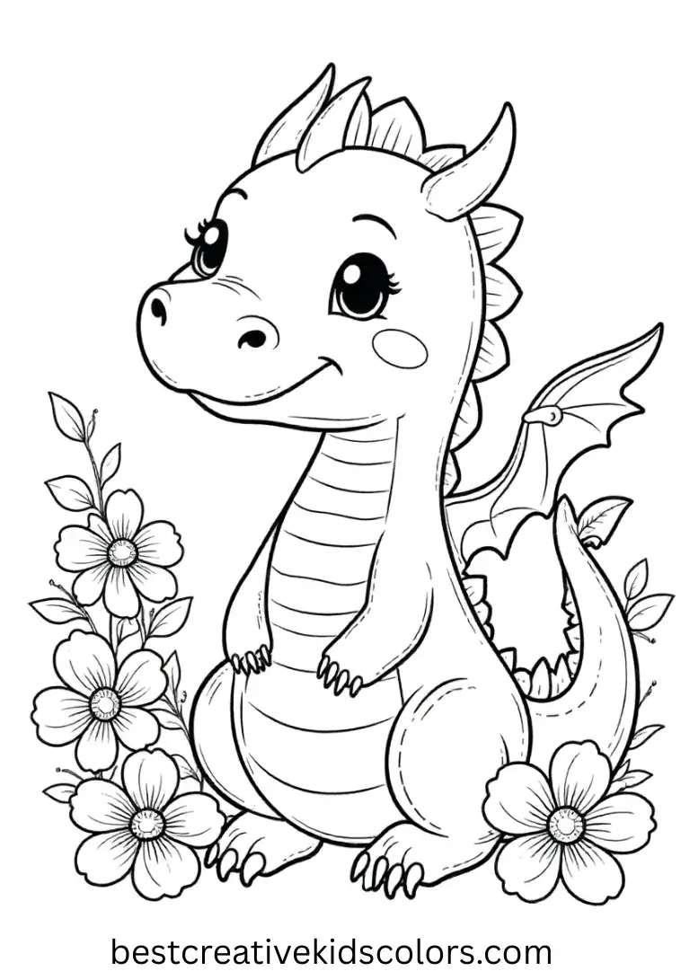 A gentle dragon relaxes among bright, colorful flowers under sunlight.