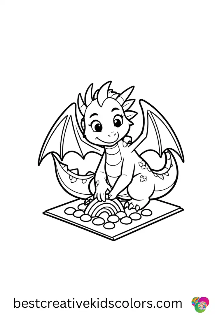 Dragon coloring pages printable PDF shows a dragon arranging rainbow pebbles on a small mat.
