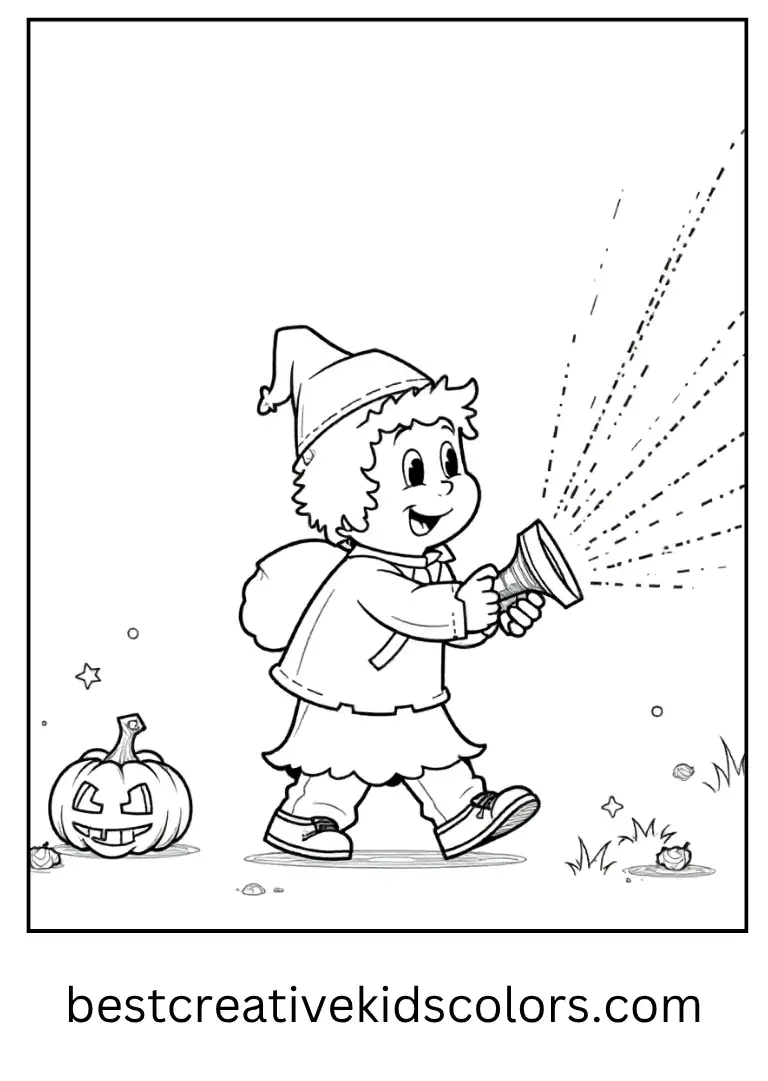 Dustin walks with candy and a flashlight at night.