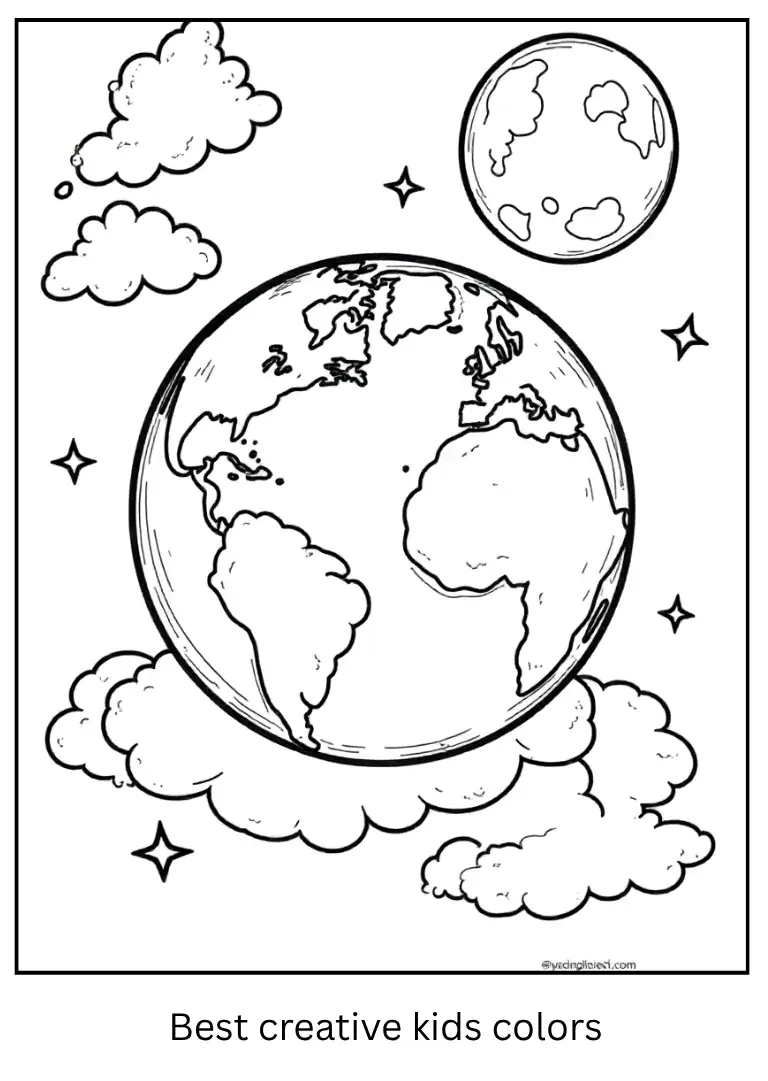 Earth and Moon Coloring Page with Clouds