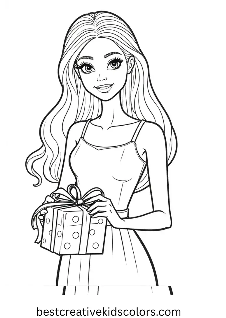Easy Barbie colouring pages feature Barbie tying a ribbon on a gift in a clean, blank background.