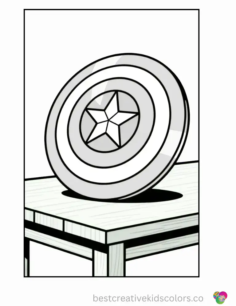 Captain America's vibrant red, white and blue star shield rests battle-ready on a wooden table.