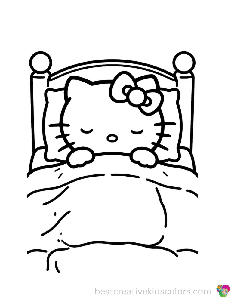 Easy Hello Kitty Christmas Coloring Page of Her Sleeping in a Cozy Winter Bed