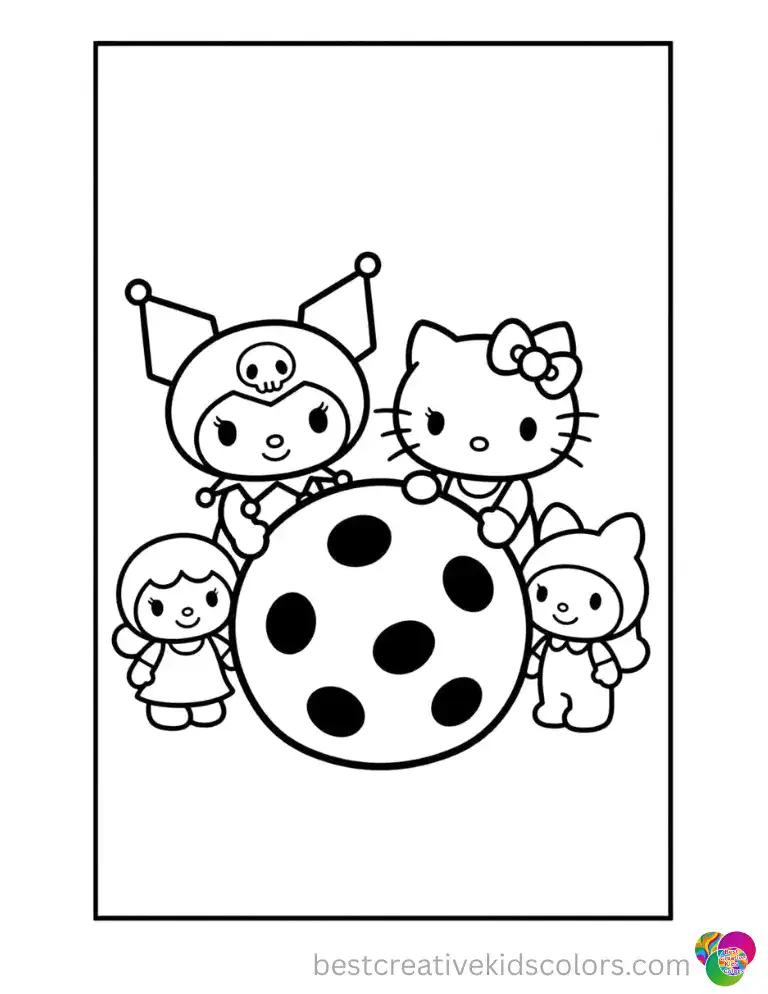 Kuromi, Hello Kitty and friends share a giant chocolate chip cookie.