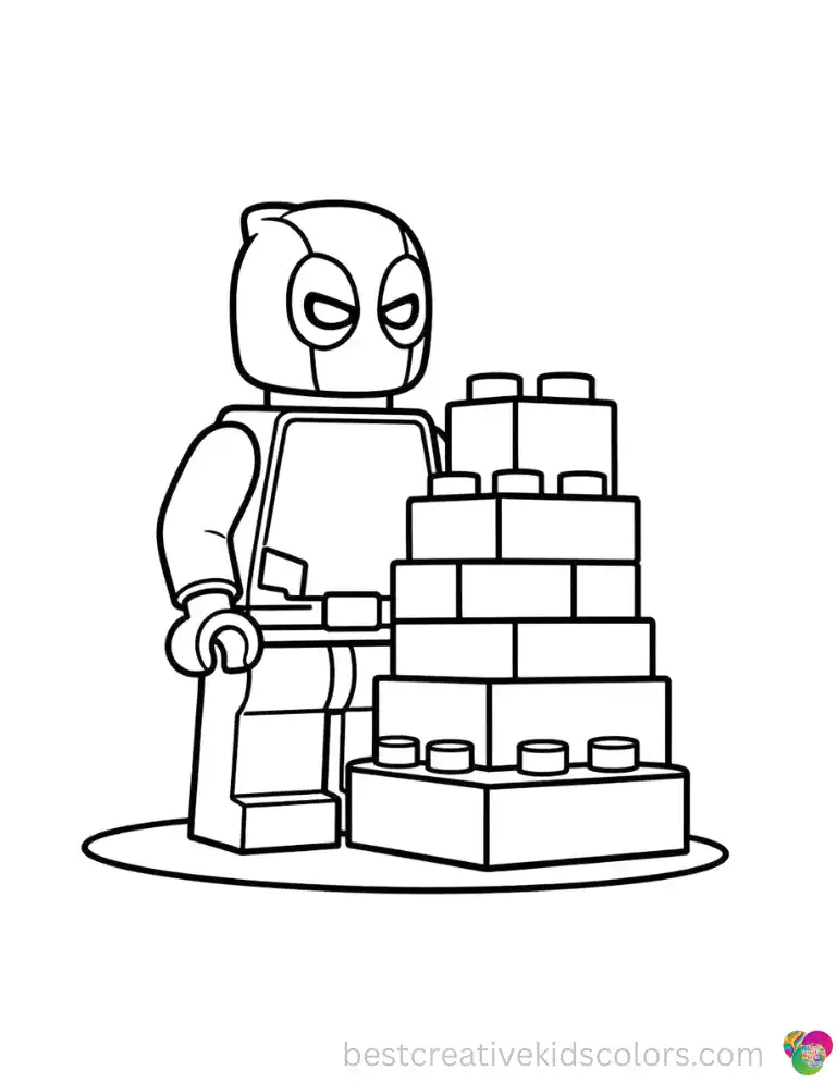 LEGO Deadpool carefully builds a tall tower of plastic bricks.