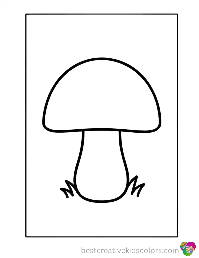 A rounded mushroom cap sits atop a short thick stem, drawn with bold simple outlines sized for little hands to color.