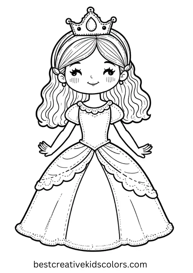 Bold outlines let toddlers and children fill in princesses, gowns, and crowns.