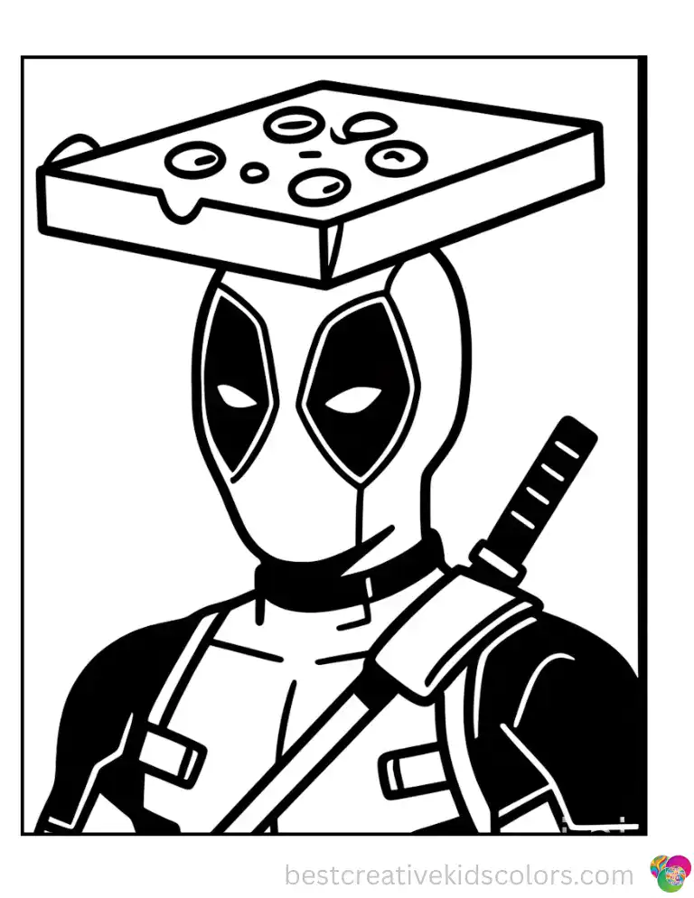 Deadpool balances a flat pizza box neatly on his head.