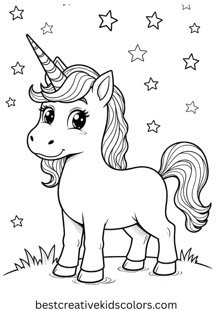 Easy Unicorn Coloring Sheet with Rainbow Stars