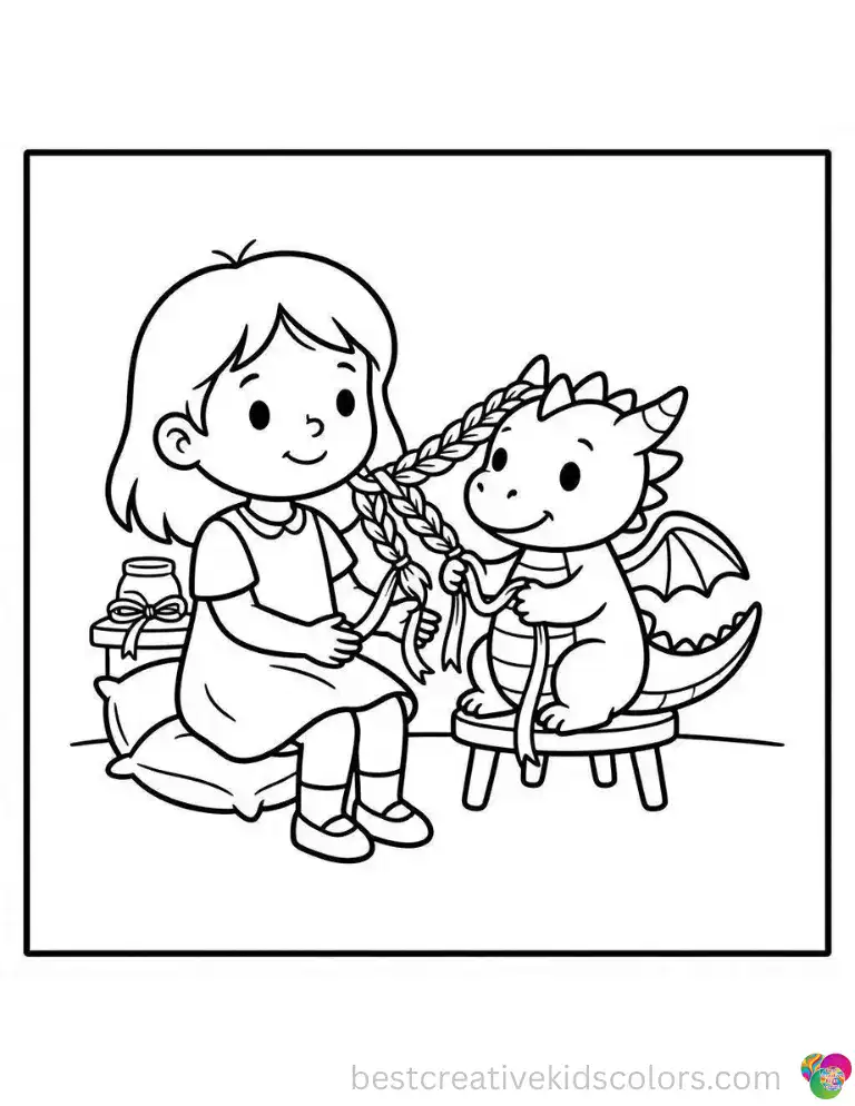 A dragon weaves silk ribbons into small braids in Easy cute easy dragon coloring pages girl.