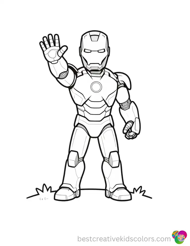 Iron Man waves a friendly hand while standing on a grassy hill in Easy iron man coloring pages for kids.