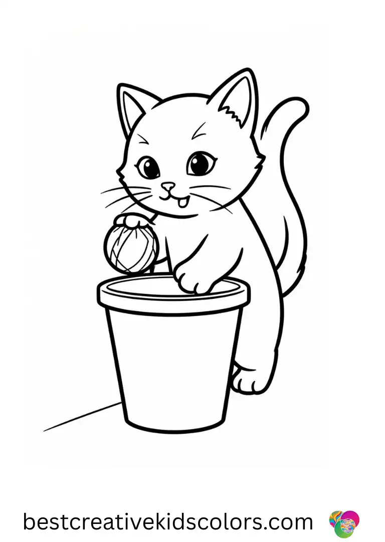Easy kitten coloring pages shows a kitten tossing a tiny fabric ball into a cardboard cup.