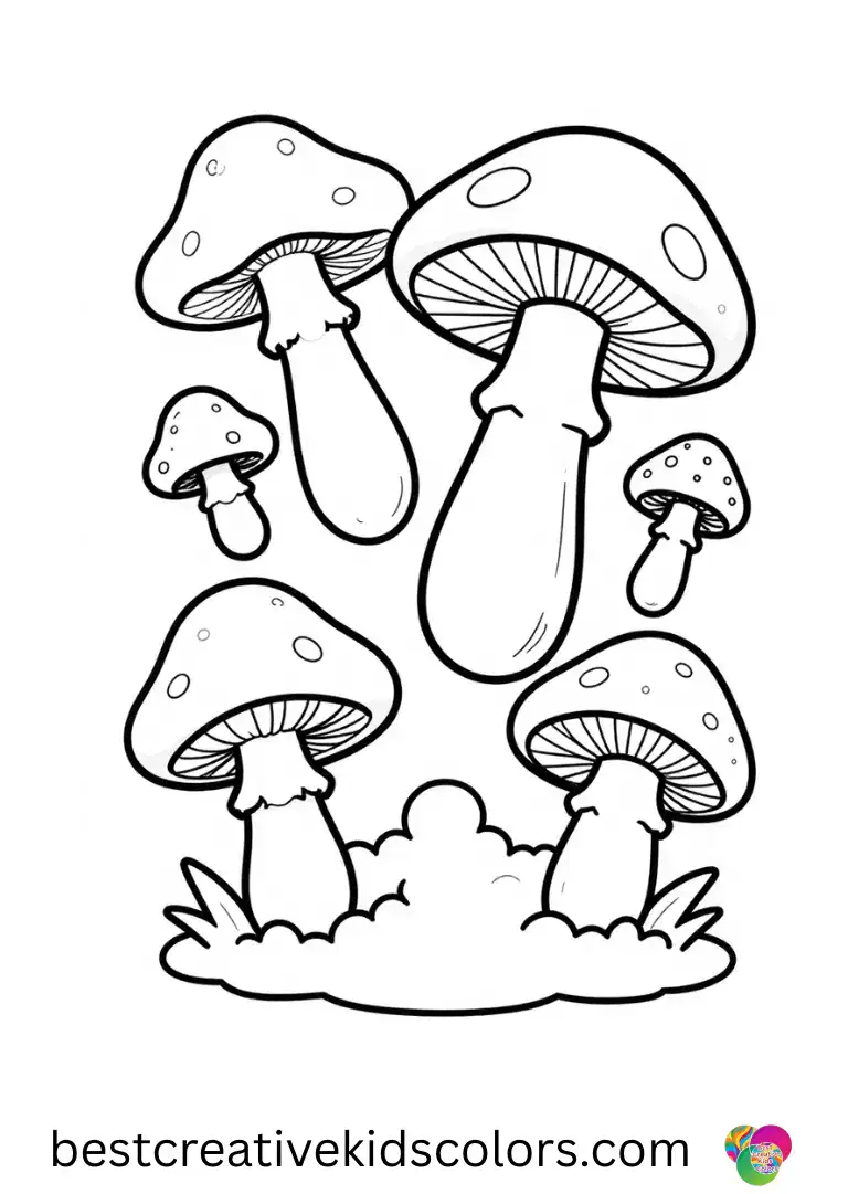 Mushrooms hover above sparkling mist in Easy trippy mushroom coloring pages pdf under a soft moonlight.