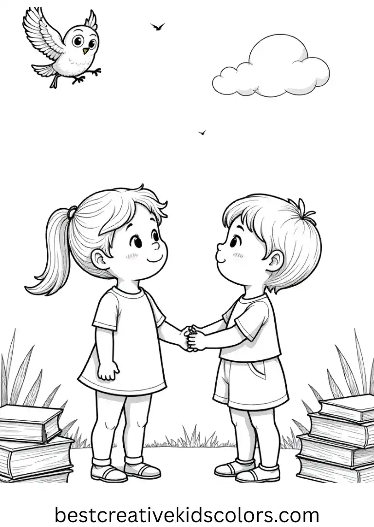 Characters explore a magical library filled with floating books in Echoes of Wisdom coloring pages.