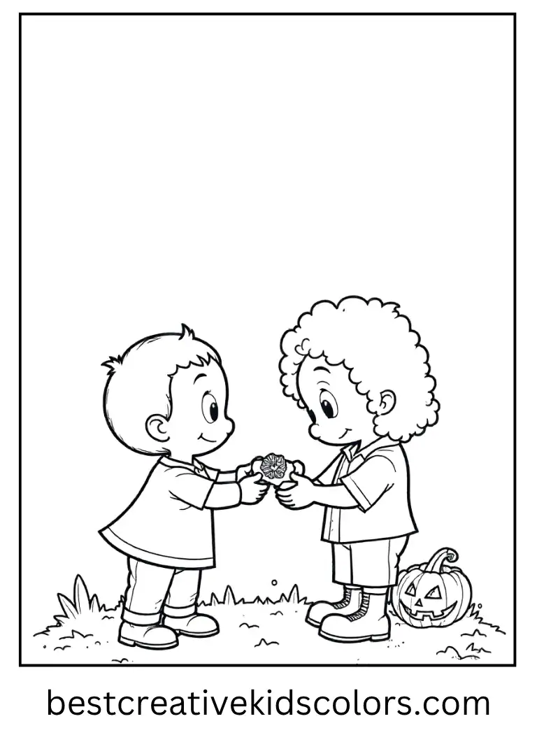 They share treats beside a glowing jack-o’-lantern.