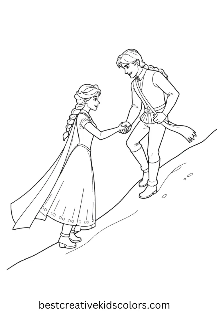 Elsa offers her hand while Kristoff climbs a small snowy hill.