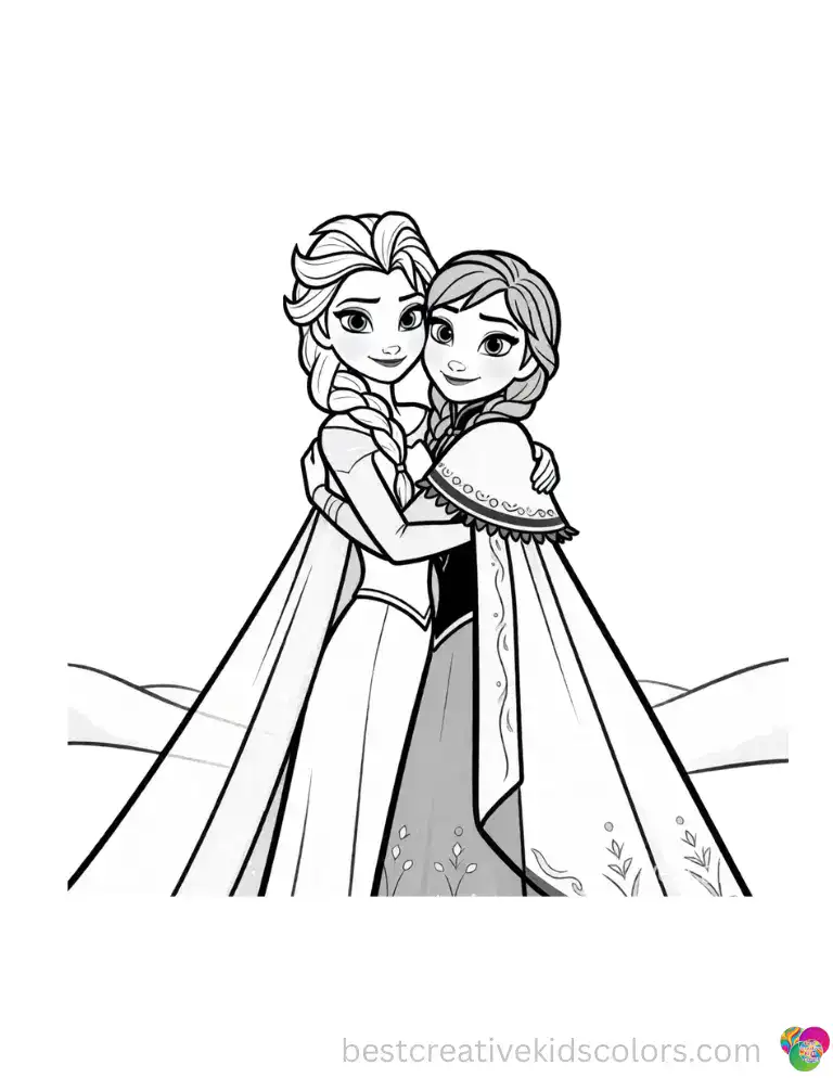 Elsa and Anna hug each other tightly in the winter snow.